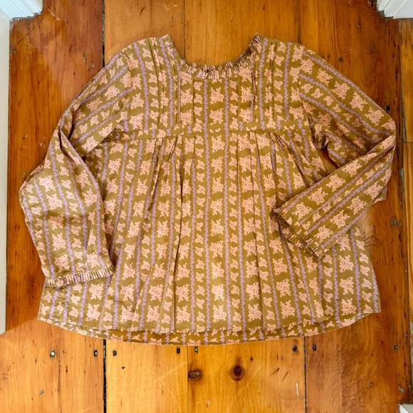 Matta Tops - Matta ruffle neck top. Olive, peach and purple. Size XL.